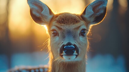Close-up of a young deer with soft fur illuminated by sunset in a serene forest setting
