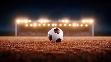 A close-up view of a soccer ball on a field illuminated by stadium lights during a night game