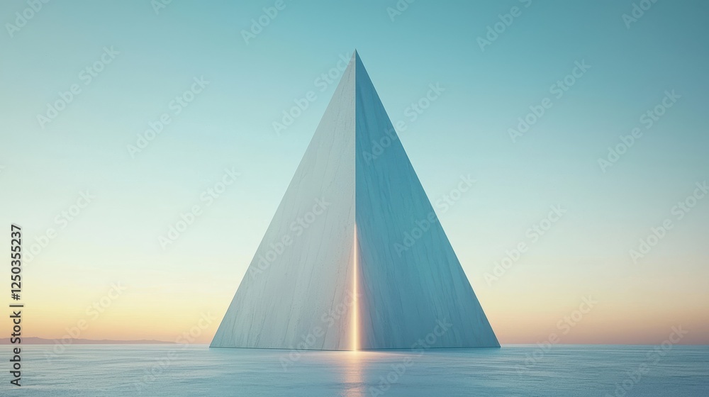 Poster minimalist rendering of a geometric pyramid with sharp edges against a serene background at sunrise