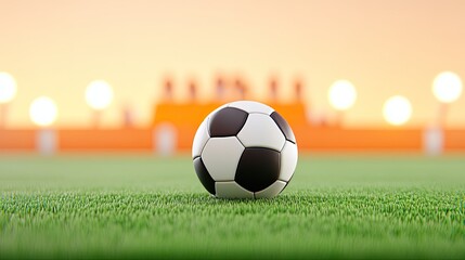 A close-up view of a soccer ball on a green field during a sunset with blurred spectators in the background