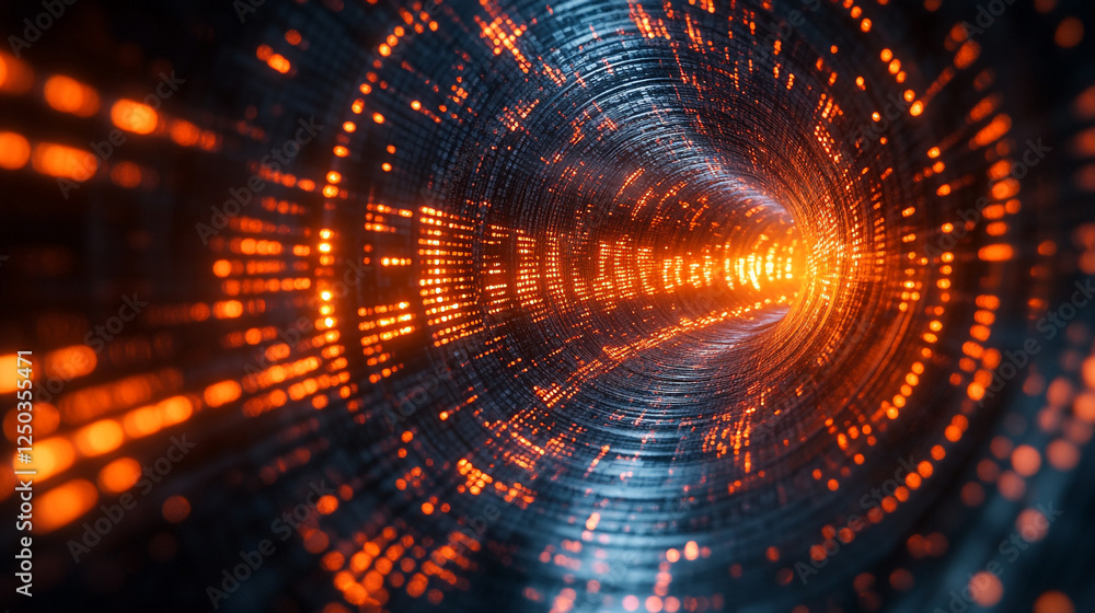 Aufkleber abstract digital tunnel orange glowing lights technology data stream network neon dark code flow