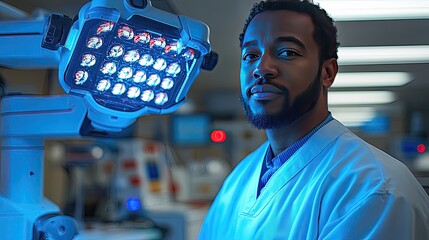 Healthcare professional in a modern medical facility, focused on advanced lighting equipment