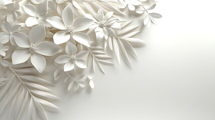 White paper flowers, leaves, blank space