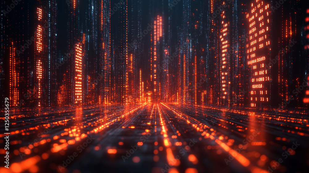 Poster digital cityscape glowing orange lines futuristic technology abstract background red neon data code