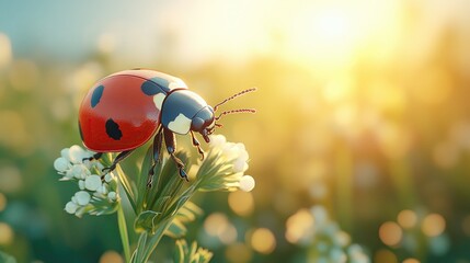 A vibrant ladybug perched on a delicate flower under a warm, glowing sunset in a meadow