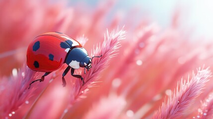 Vibrant ladybug perched on delicate pink grass under soft sunlight in a serene garden setting
