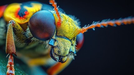 Close-up of a vibrant insect showcasing intricate details and vivid colors against a blurred background