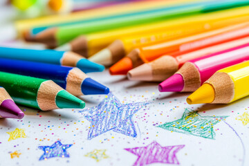 Closeup of colorful pencils drawing on the white paper with stars  drawing celebrating creativity...