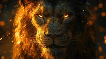Majestic lion with glowing eyes surrounded by a fiery atmosphere at dusk in the wild