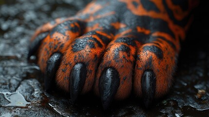 Close-up of a vibrant tiger paw on a wet surface, showcasing its powerful claws and unique markings