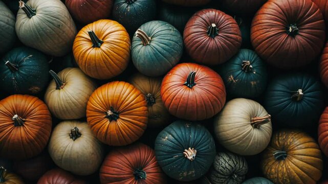 Colorful array of pumpkins showcasing fall harvest patterns and textures in an outdoor display during autumn season