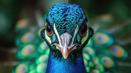 Close-up of a vibrant peacock displaying its iridescent feathers in a lush garden setting
