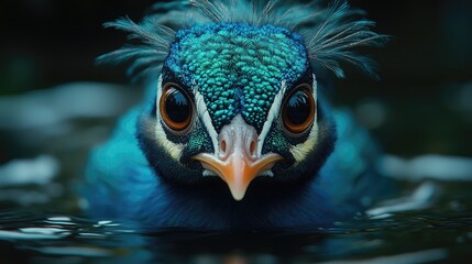 Close-up of a vibrant peacock displaying its intricate feathers while swimming in a serene pond