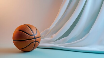 Basketball Sphere on Vibrant Background with Flowing Fabric and Soft Light Accentuating Round Shape