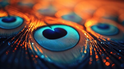 Close-up of vibrant peacock feathers showcasing intricate patterns and shimmering colors