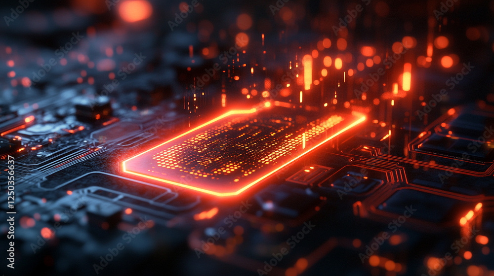 Poster abstract digital circuit board red glowing technology background neon data power future modern
