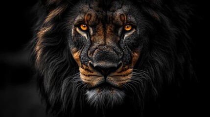 Majestic lion portrait with striking amber eyes against a dark background, showcasing its power