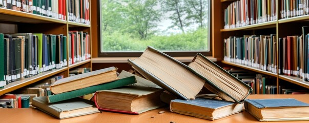 Obraz premium A stack of books in a cozy library setting.