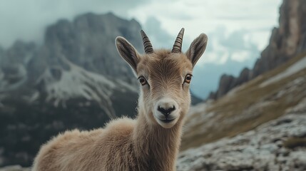 Obraz premium Young Mountain Goat Posing Against Majestic Peaks