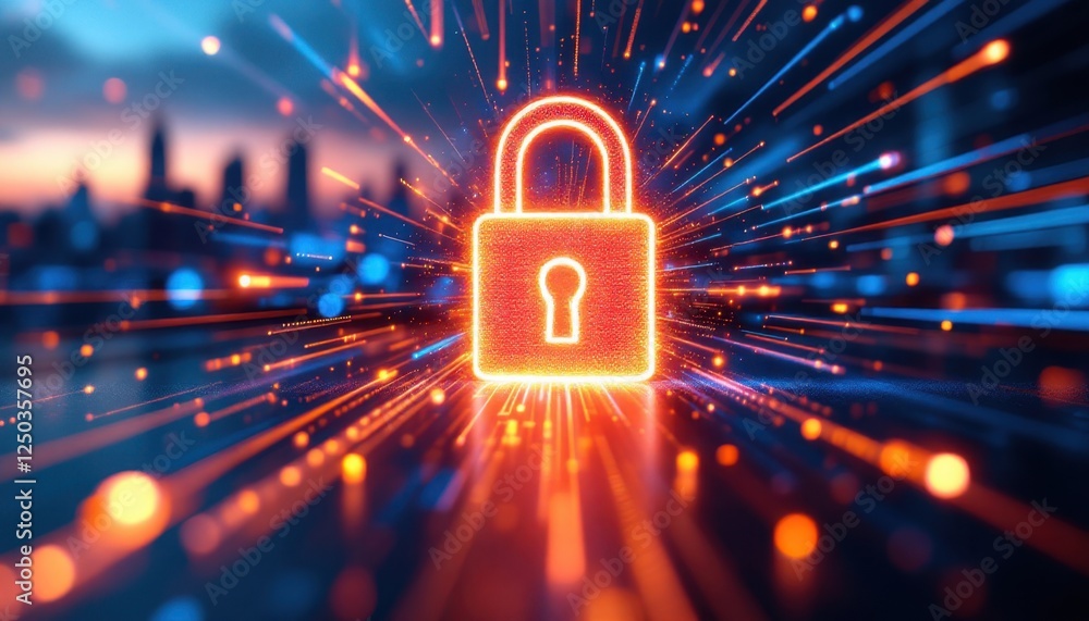 Poster glowing padlock with abstract cityscape background representing cybersecurity and technology