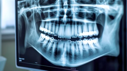 Digital x-ray displays a clear view of a human jaw, highlighting teeth alignment and dental structures in a modern dental setting during a patient examination