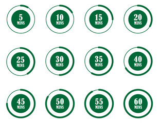 Timer icons set. Circular timer icons set for countdowns from 5 to 60 minutes, digital clock symbols with progress indicators for scheduling, productivity and reminders. Countdown. deadline. sandglass