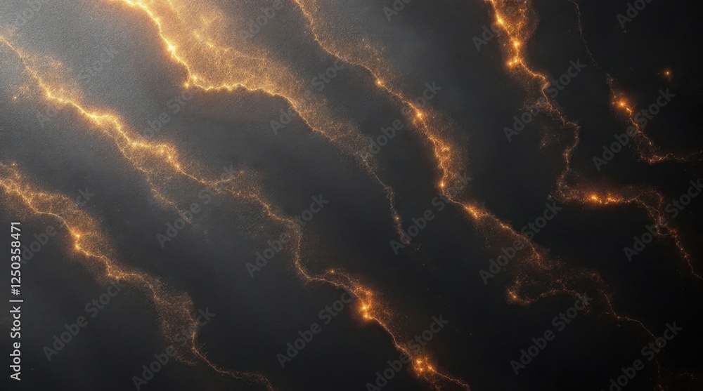 Poster glowing golden veins on dark surface creating abstract light patterns