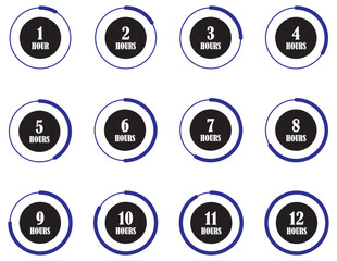 Hours timer vector symbol set. 1 to 12 hours sandglass timer for productivity tracking. Deadline stopwatch timer for accurate work planning. Sandglass work timer with hours countdown indicator. Vector