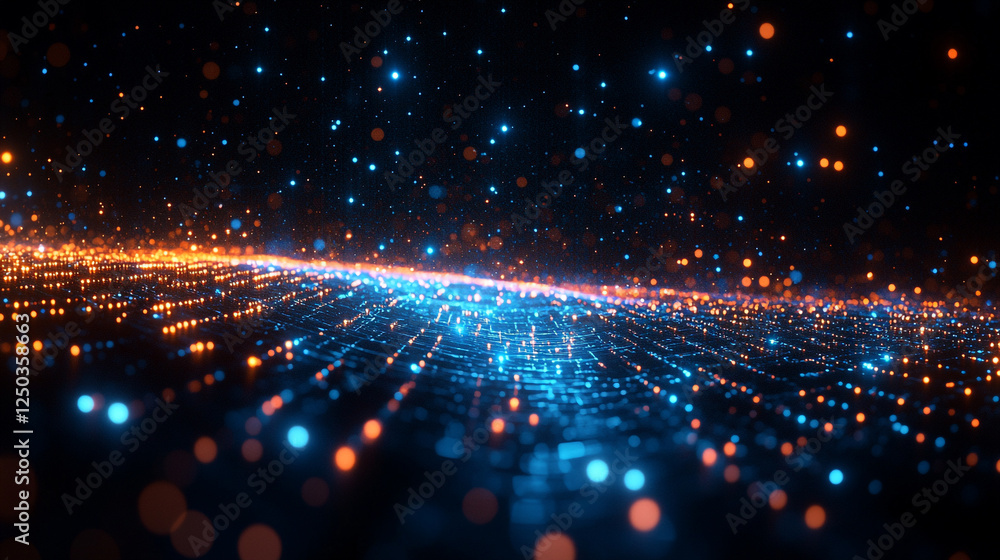Poster abstract blue orange glowing particle grid digital art background web light shiny space cyber bokeh