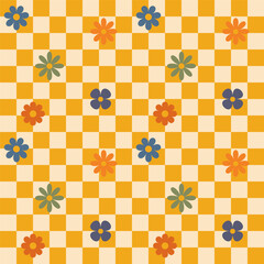 Groovy flower checkered pattern. Retro seamless pattern with simple flowers in 1970s style. Groovy background for Tshirt, poster, card and print. Doodle vector