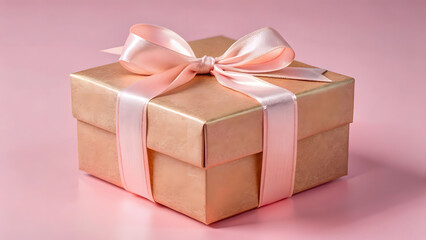 Obraz premium Elegant gift box with pink satin ribbon on pastel background.