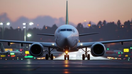 Airplane on runway during twilight, illuminated by airport lights, preparing for takeoff