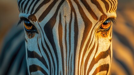 Close-up of a zebra's face showcasing intricate patterns and expressive eyes in a natural habitat