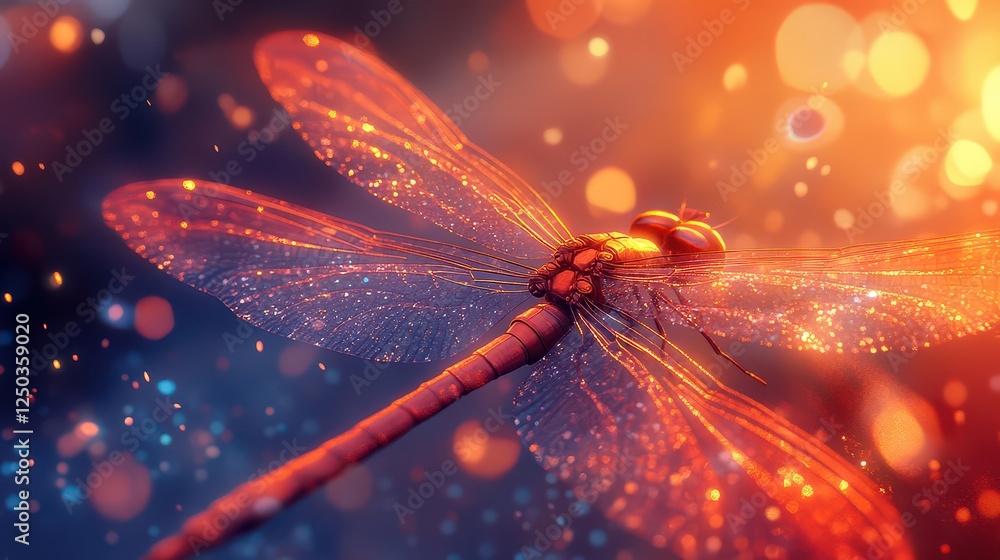 Poster a vibrant close-up of a dragonfly with sparkling wings against a colorful bokeh background