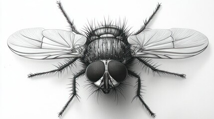 Detailed Monochromatic Illustration of a Common Housefly on a White Background