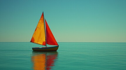 Fototapeta premium Solo sailboat sailing calm ocean, sunny day, travel poster
