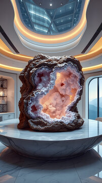 Unique crystal formation showcased in modern interior design with panoramic views of mountains and clear skies
