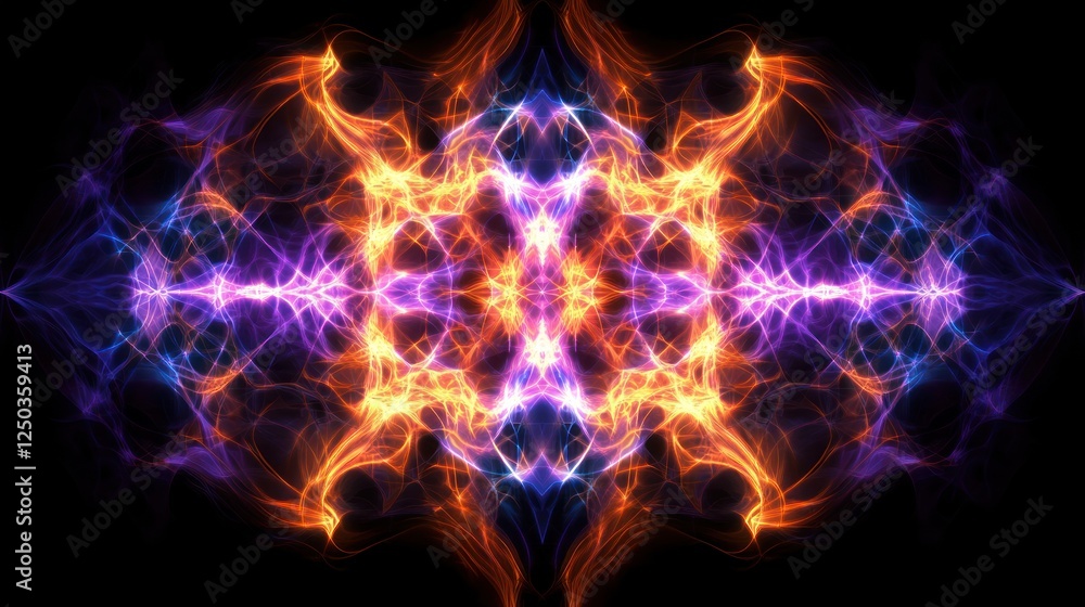 Poster vibrant abstract fractal art: energetic waveforms and symmetrical design