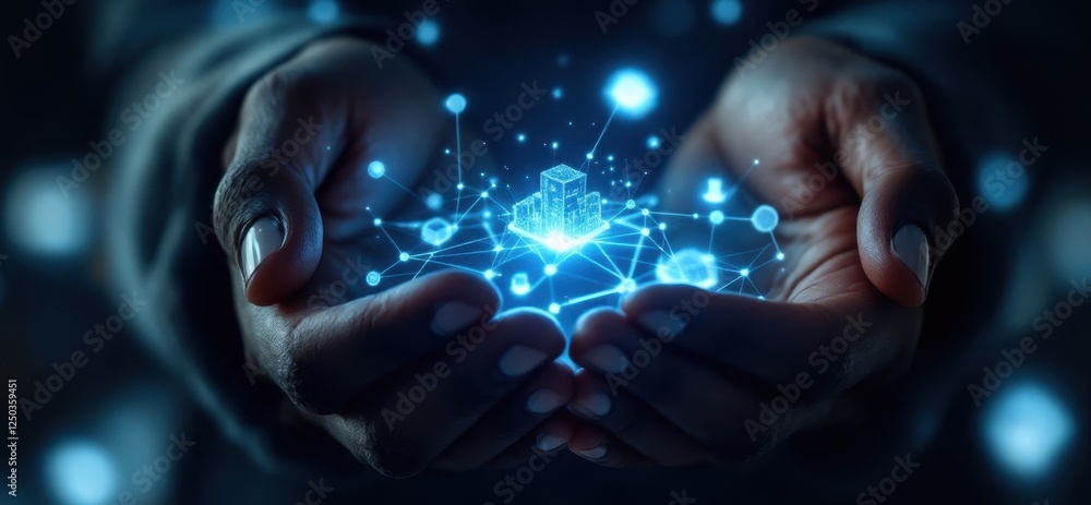 Poster futuristic technology in hands: digital network and data connection concept