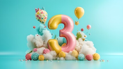 Obraz premium Vibrant and festive scene to celebrate a 3rd birthday with colorful balloons scattered confetti and party on a pastel blue background