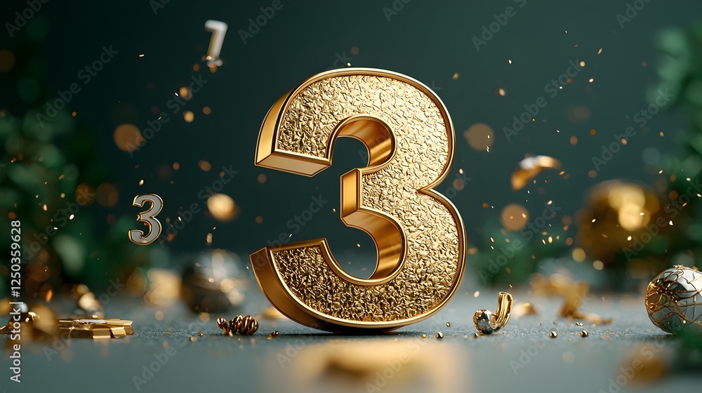 Poster elegant golden metallic number 3 floating on a dark green background with shimmering confetti glitte