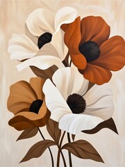 A stylized painting of flowers featuring a mix of white, brown, and orange petals, set against a soft beige background.
