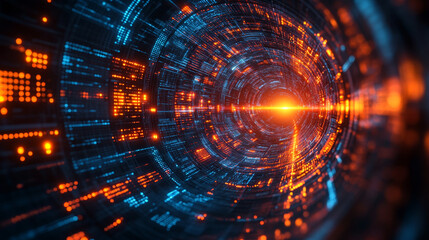Obraz premium Abstract Digital Tunnel Orange Blue Data Stream Technology Background Art Glow Cyber Space Light 