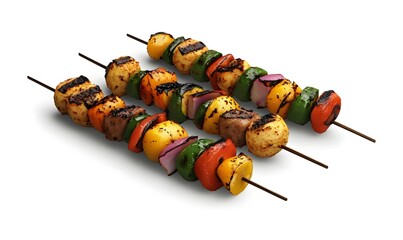 Grilled vegetable and sausage skewers on white background, perfect for summer BBQ recipes