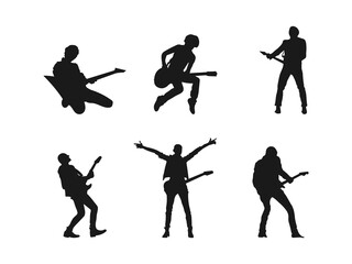 vector collection of silhouettes of people playing guitar. Guitarist silhouette. Silhouette of Rock Musicians Playing Guitars. The silhouettes are isolated on a white background.