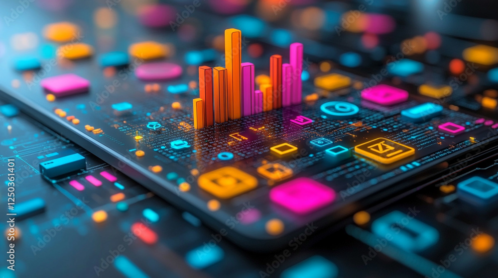 Poster abstract digital technology background neon graphic data growth chart bar app trend modern future