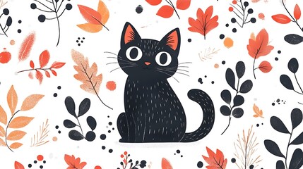Cute black cat sits amidst autumn leaves
