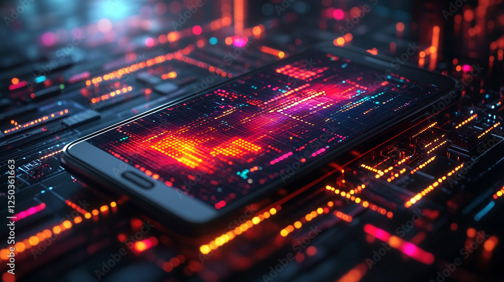 Poster abstract digital smartphone technology background red orange neon lights data code glow board style