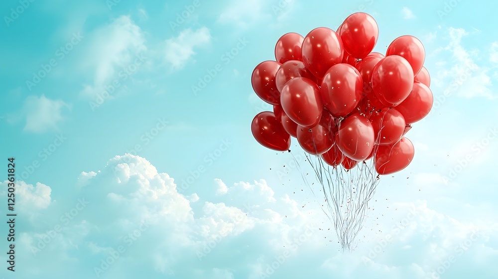 Poster vibrant red balloons floating freely against a bright blue sky with fluffy white clouds creating a w