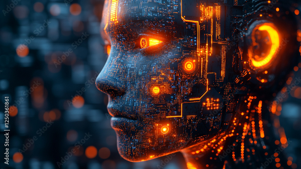 Aufkleber digital humanoid ai face circuitry glowing orange technology 3d data robot modern design future